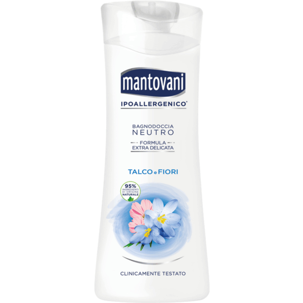 MANTOVANI BAGNODOCCIA NEUTRO IPOALLERGENICO FORMULA EXTRADELICATA AL TALCO E FIORI 400 ML.