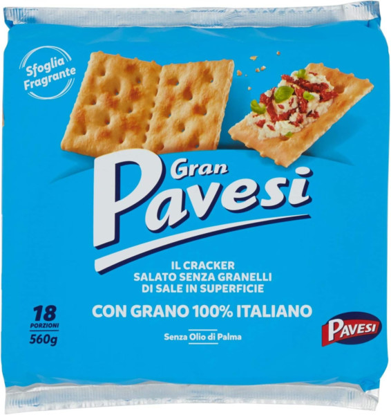 GRAN PAVESI CRACKER SALATI SENZA GRANELLI DI SALE IN SUPERFICIE 18 PORZIONI 560 GR.