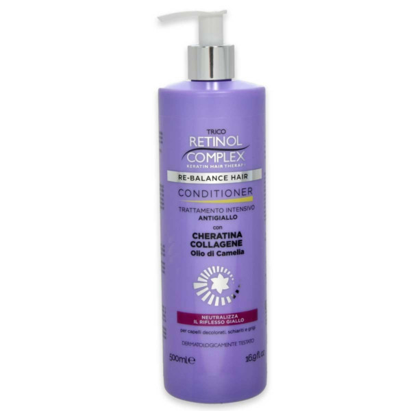 TRICO RETINOL COMPLEX RE-BALANCE HAIR BALSAMO TRATTAMENTO INTENSIVO ANTIGIALLO CON CHERATINA, COLLAGENE E OLIO DI CAMELIA 500 GR.