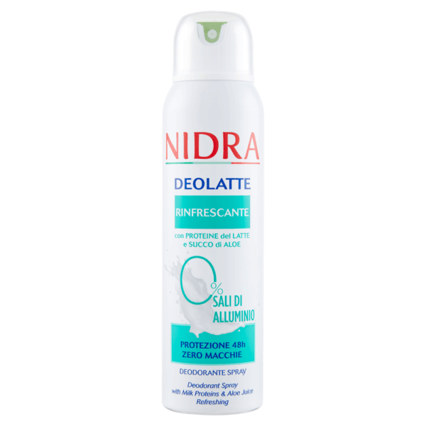 NIDRA DEOLATTE DEODORANTE SPRAY RINFRESCANTE CON PROTEINE DEL LATTE E SUCCO DI ALOE 150 ML.
