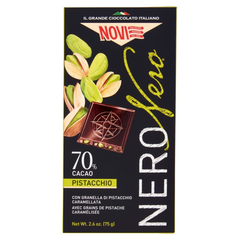 NOVI NERO TAVOLETTA DI CIOCCOLATO FONDENTE 70% CON GRANELLA DI PISTACCHIO CARAMELLATA 75 GR.