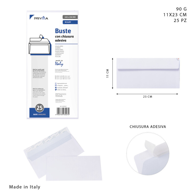 BUSTA DA LETTERE CON CHIUSURA ADESIVA 90G 11x23CM 25 PZ
