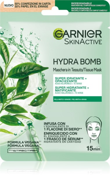 GARNIER SKINACTIVE HYDRA BOMB MASCHERA IN TESSUTO SUPER IDRATANTE E OPACIZZANTE CON ACIDO IALURONICO E TE' VERDE 28 GR.