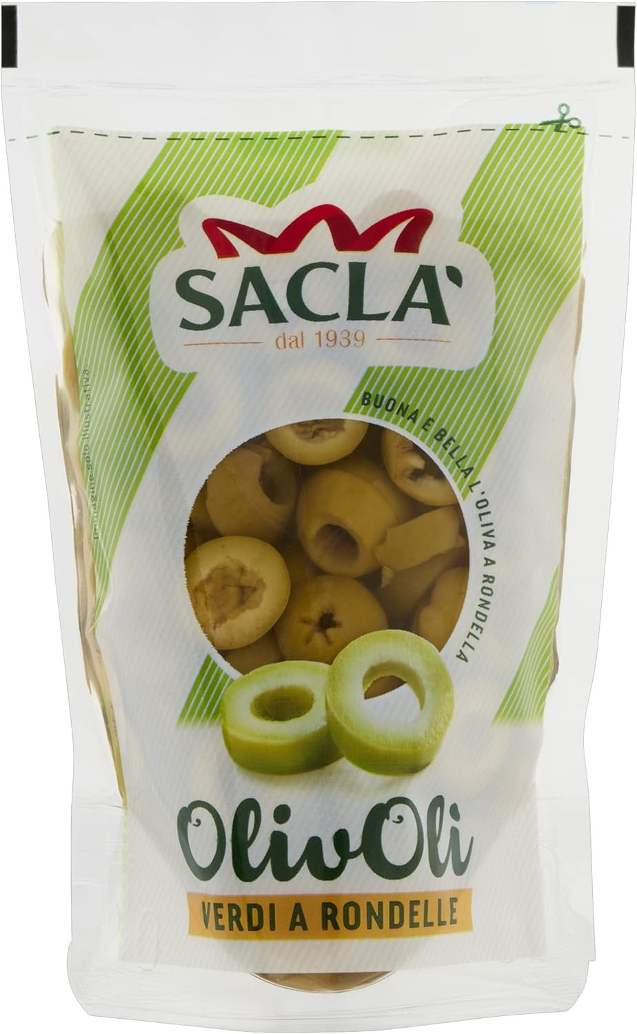 SACLÀ OLIVOLI' OLIVE VERDI A RONDELLE IN SALAMOIA 185 GR.