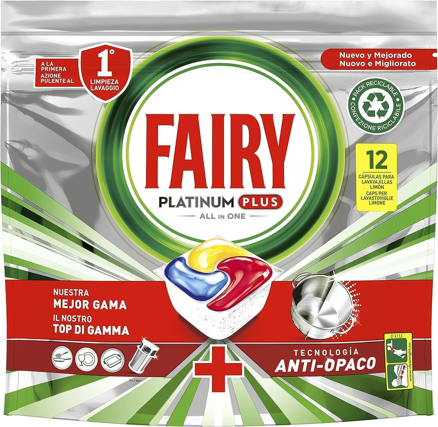FAIRY PLATINUM PLUS ALL IN ONE ANTI-OPACO PASTIGLIE PER LAVASTOVIGLIE 12 CAPSULE